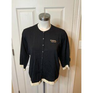 CHANEL Parfums No Chairs Black Short Sleeve Cardigan, Size M/L